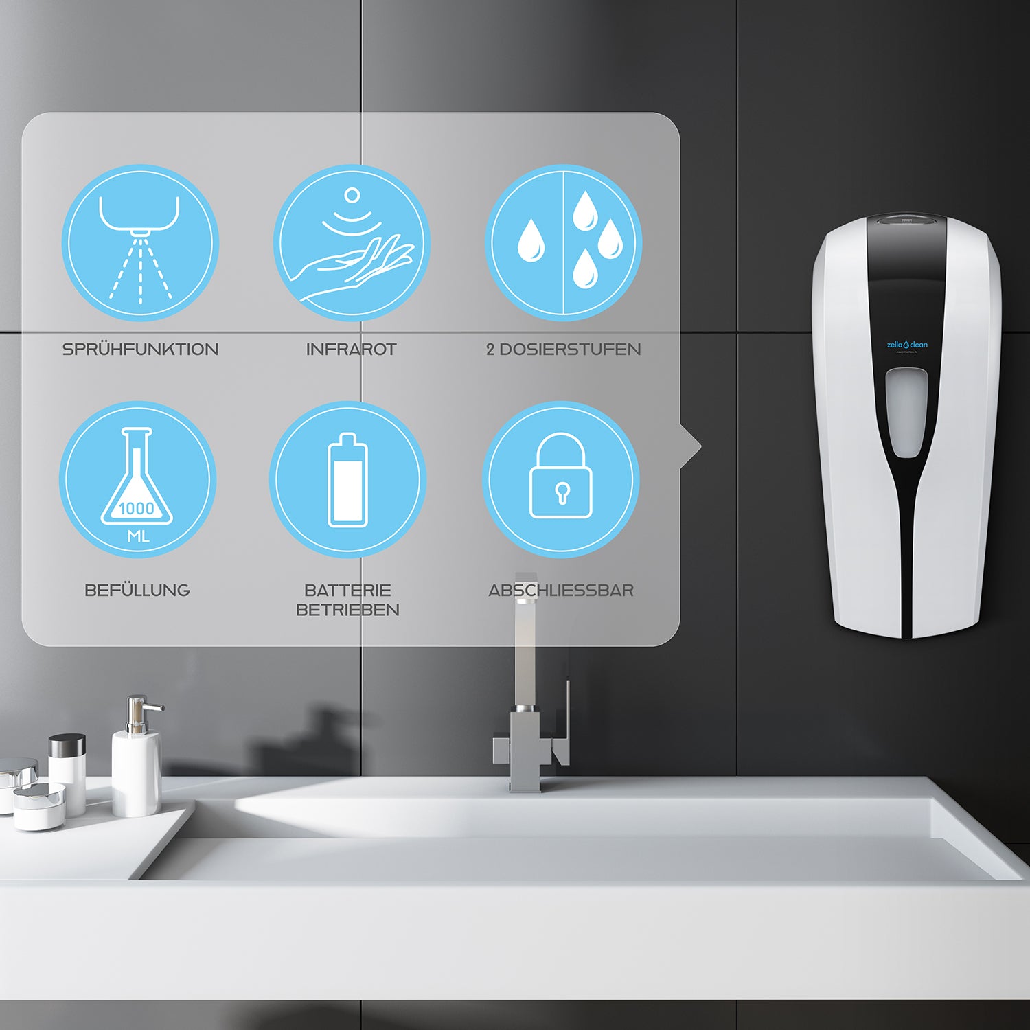 Sensor soap dispenser for wall mounting including mounting material, automatic, contactless