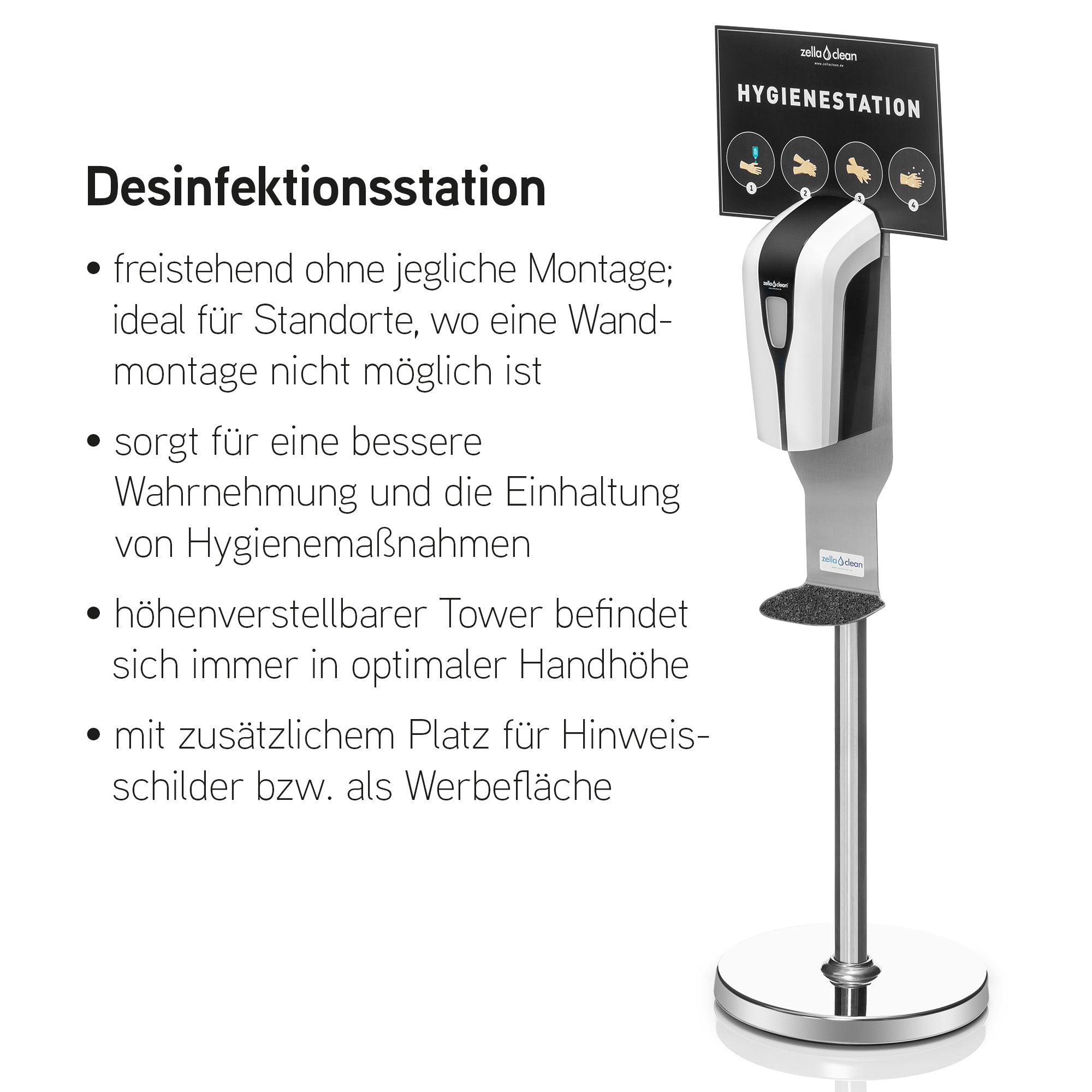 Sensor disinfection station round stand silver, height adjustable, automatic, contactless with drip tray, hygiene column