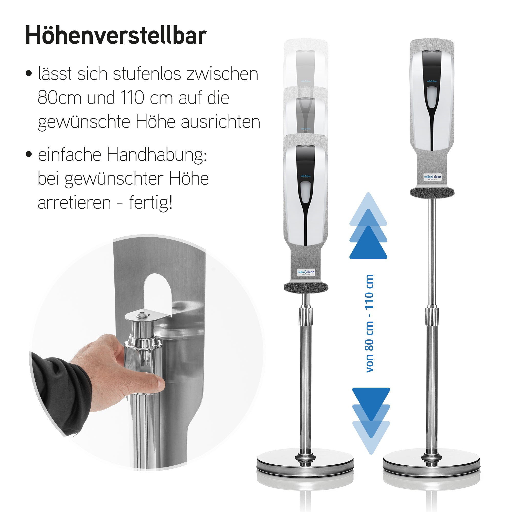 Sensor disinfection station round stand silver, height adjustable, automatic, contactless with drip tray, hygiene column